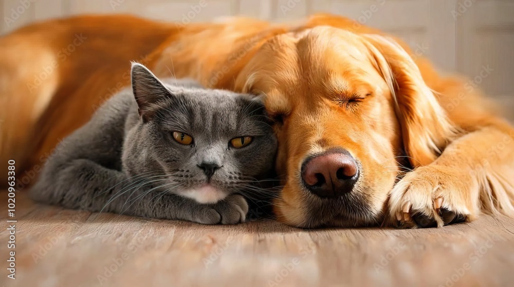 A British cat and Golden Retriever cuddled up together, showcasing the bond between different pets.. A British cat and Golden Retriever cuddled up together, showcasing the bond between different pets..