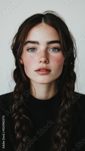 A woman with freckles and a black shirt