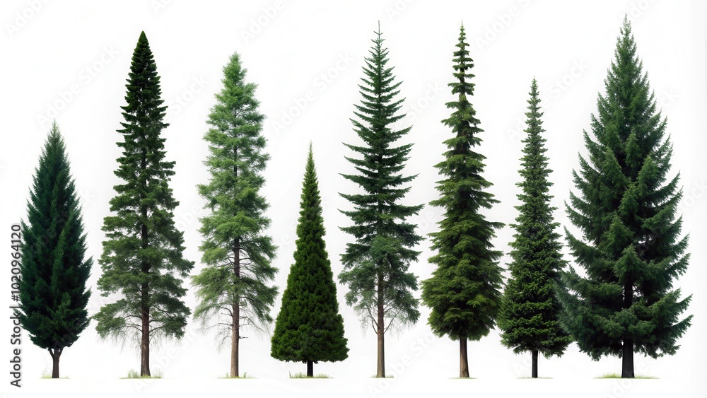 A Collection of Evergreen Trees Isolated on White Background A Collection of Evergreen Trees Isolated on White Background