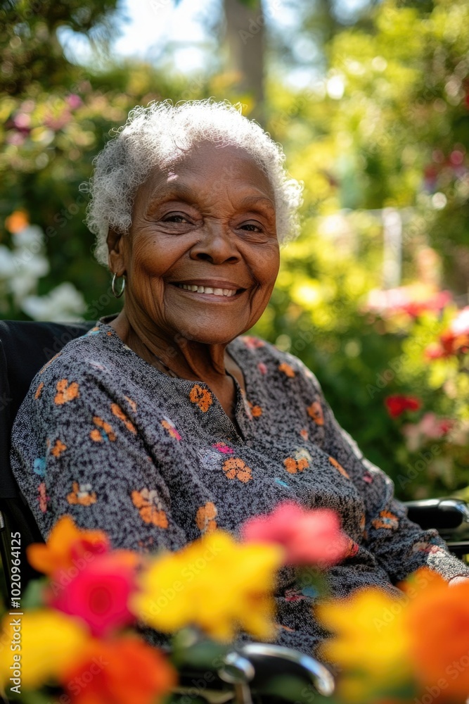 A woman sitting in a wheelchair surrounded by nature and flowers in a peaceful garden A woman sitting in a wheelchair surrounded by nature and flowers in a peaceful garden