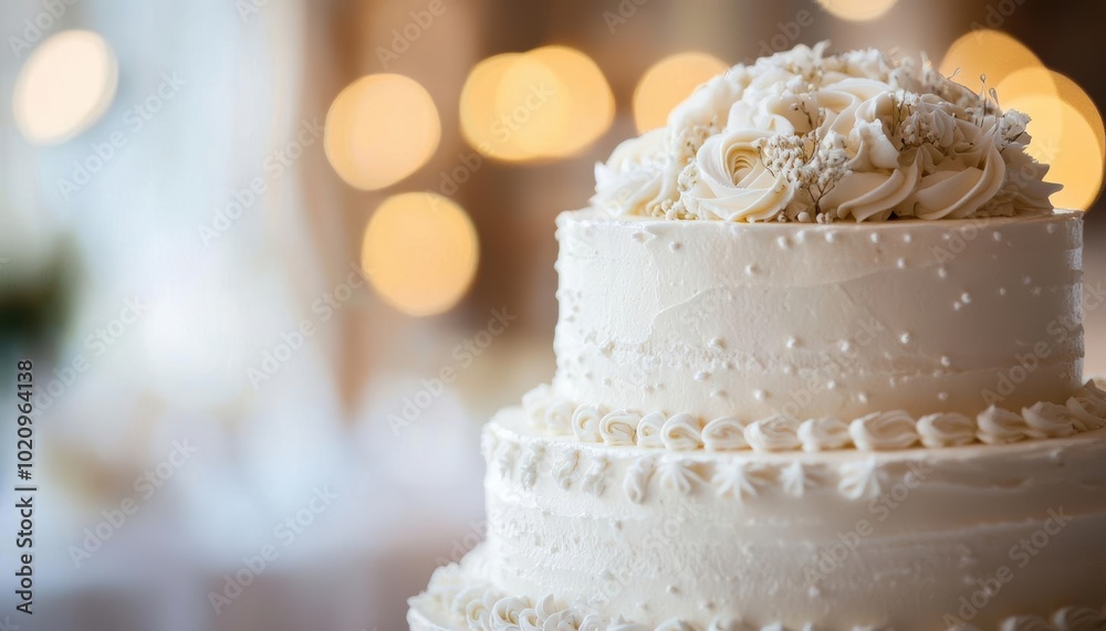 Elegant three-tiered wedding cake with cream frosting and delicate decoration. Elegant three-tiered wedding cake with cream frosting and delicate decoration.
