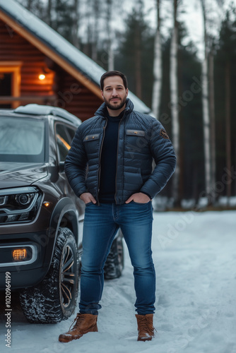 Man Standing Near SUV in a Festive Village