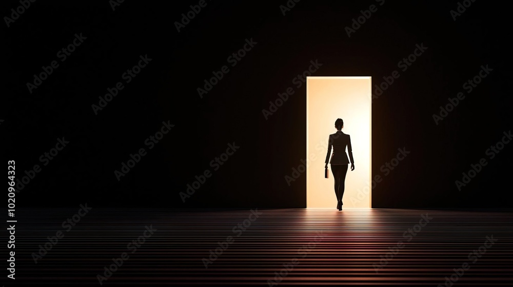 Obraz premium The back view of a businesswoman walking toward a bright opening in a dark wall, symbolizing success..