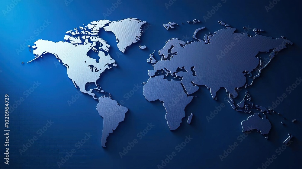 Naklejka premium A flat world map displays blank continents against a vibrant blue background, 3D illustrated for clarity..