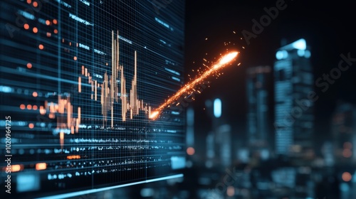 Wallpaper Mural image depicts dynamic financial graph with bright spark or meteor like effect, symbolizing market volatility and dramatic changes in stock prices. urban skyline in background adds to modern Torontodigital.ca