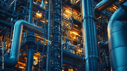 A close-up shot of highly complex pipe networks with automated machinery in a petrochemical processing area.