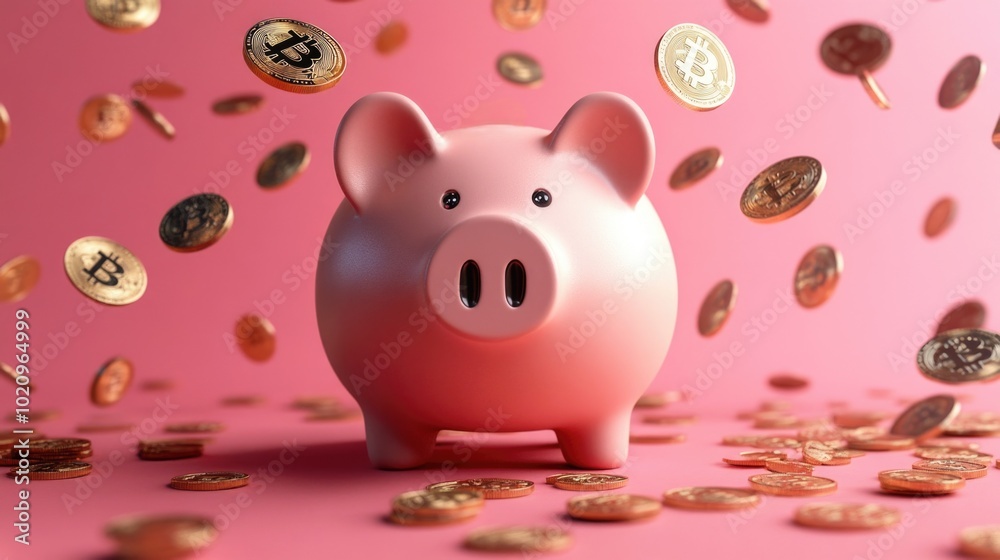 Save money, financial planning of personal finances and being thrifty concept theme with a pink piggy bank sitting on a pile of bronze and silver colored coins isolated on white background Save money, financial planning of personal finances and being thrifty concept theme with a pink piggy bank sitting on a pile of bronze and silver colored coins isolated on white background