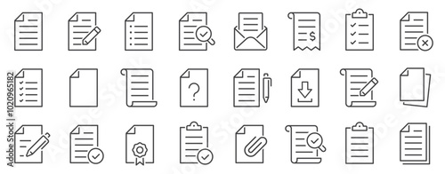 Document icon set. Collection paper document on white background. File, checkmarks, clipboard, quality check, approved, accept, magnifier, pencil - stock vector.