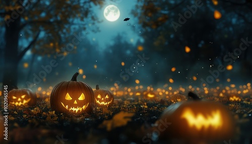 Glowing Jack-o'-Lanterns Scattered in a Spooky Forest on a Moonlit Night