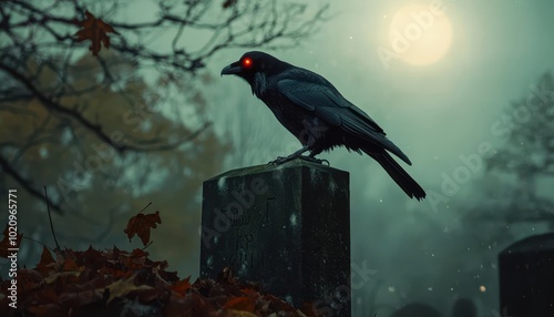 Raven with Glowing Red Eyes Perched on a Gravestone in a Foggy Cemetery