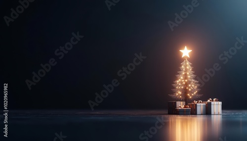 Festive Christmas tree with glowing star and presents in dark setting.