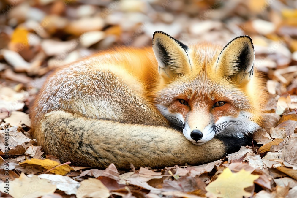 Fototapeta premium A resting red fox curled up in colorful autumn leaves.