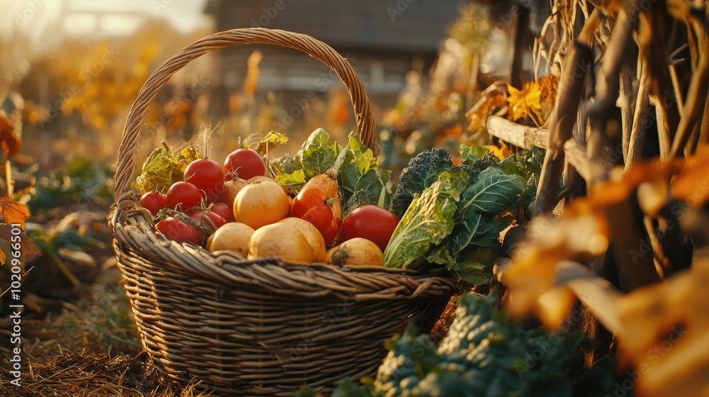 A basket of freshly harvested vegetables set against a rustic barn backdrop in warm autumn light