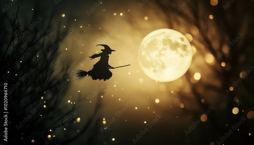 Silhouette of a witch flying on a broomstick in front of a full moon Silhouette of a witch flying on a broomstick in front of a full moon