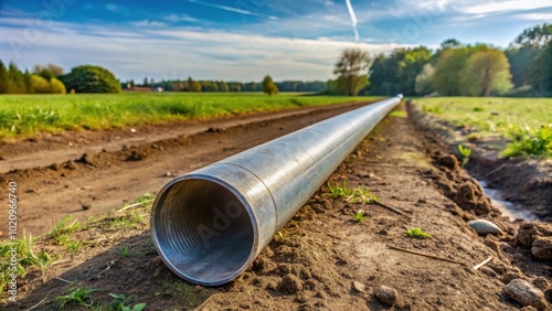Wallpaper Mural A large metal pipe lying in a dirt road, surrounded by green grass and trees, under a blue sky with white clouds. Torontodigital.ca