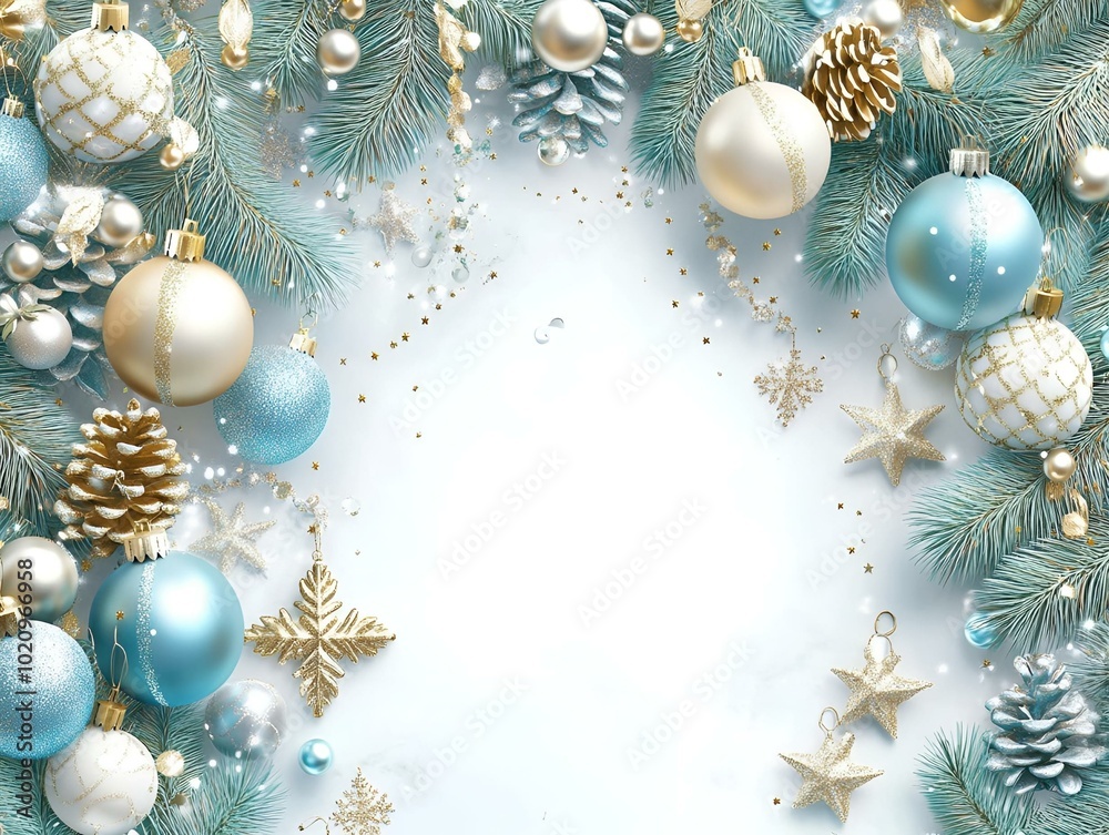 Blue and gold Christmas ornaments with pine branches and copy space for holiday greetings.