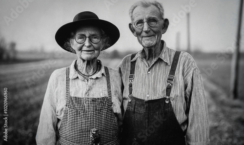 Vintage black and white photo with grandparents, elderly couple, farmers in countryside.