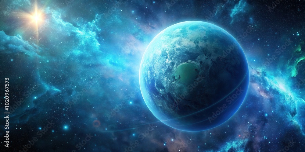Obraz premium A celestial panorama showcasing a vibrant blue planet illuminated by a radiant star, encircled by a cosmic nebula and a tapestry of twinkling stars.
