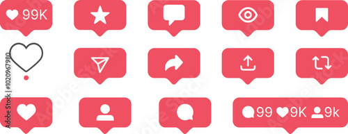 Social media notification bubble flat icons set. Like, comment, follower and view buttons.