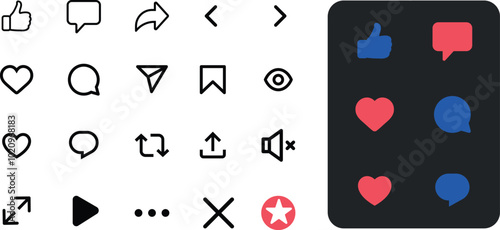 Social media icons set. Stroke icons of Like, comment buttons. Dark UI and Light background icon collection