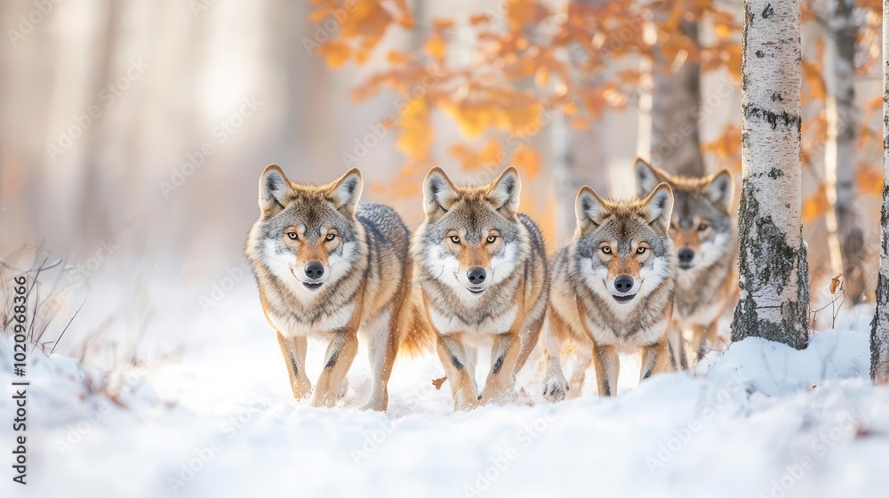 Pack of wolves walking through snow in a serene, autumnal forest setting.