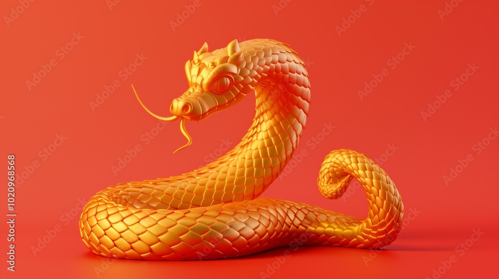 Fototapeta premium A vibrant 3D illustration of a majestic golden dragon on a bold red background, symbolizing power and grace.