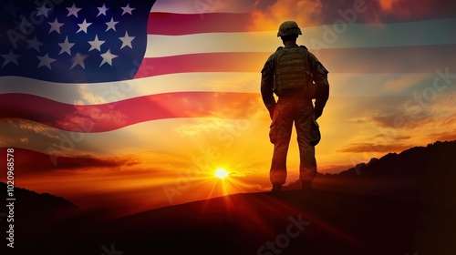 Silhouette of an American soldier standing proudly against a vibrant sunset and the US flag, capturing a double exposure effect with clouds in shades of orange and yellow. The military man, holding a 