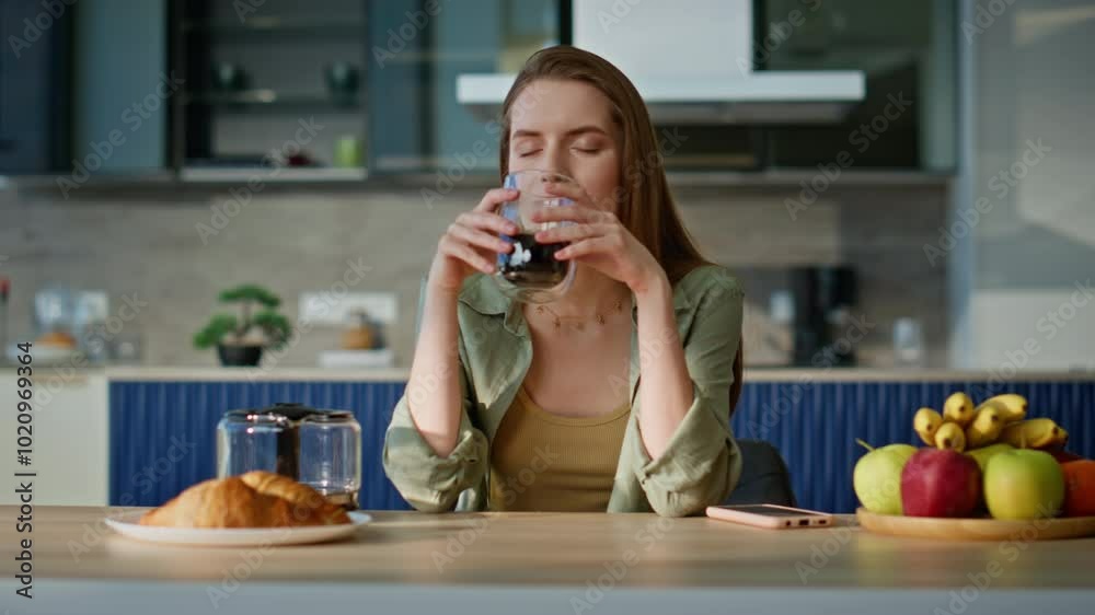 Peaceful woman enjoying coffee sitting apartment kitchen closeup. Relaxed lady Peaceful woman enjoying coffee sitting apartment kitchen closeup. Relaxed lady