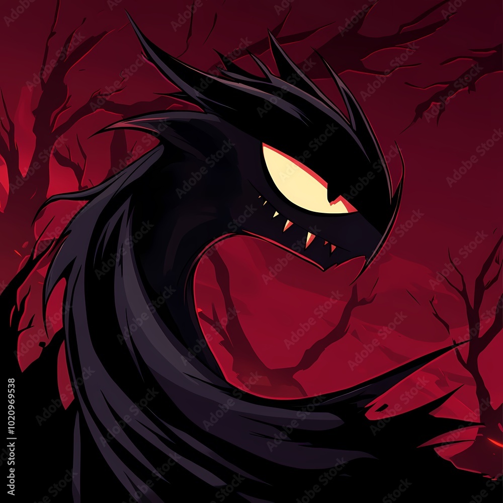 A dark, stylized creature with sharp features against a red, eerie background. A dark, stylized creature with sharp features against a red, eerie background.