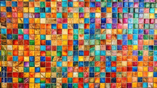 A vibrant mosaic of colorful square tiles arranged in a repeating pattern, showcasing an array of hues and textures.