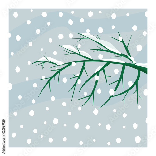 Green-branch-under-snowfall.Vector-drawing.
