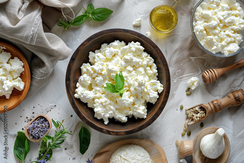 fresh curd cheese on table, top view
