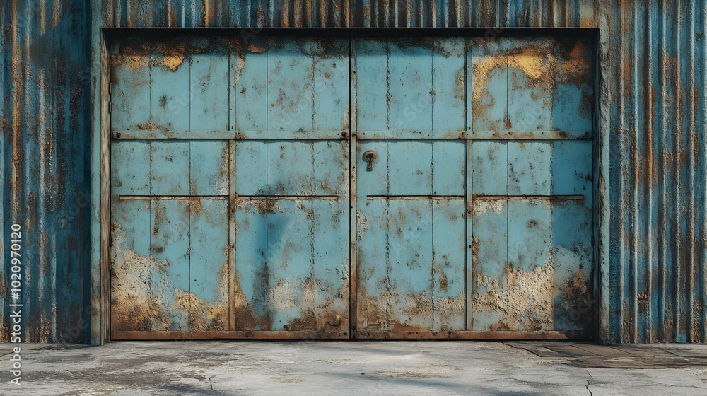 Rustic Blue Garage Door with Peeling Paint and Rust 3D Illustration Rustic Blue Garage Door with Peeling Paint and Rust 3D Illustration