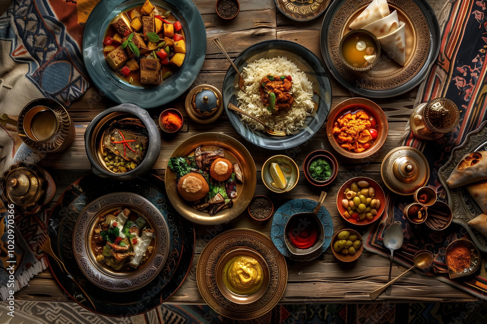 Arabic cuisine Middle Eastern traditional lunch, top view Arabic cuisine Middle Eastern traditional lunch, top view