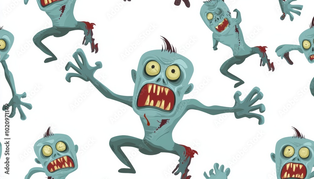 A Seamless Pattern of Cartoon Zombies with Open Mouths and Bloodstains A Seamless Pattern of Cartoon Zombies with Open Mouths and Bloodstains