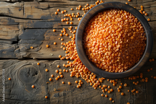 red lentils raw in bowl on wooden countertop, top view