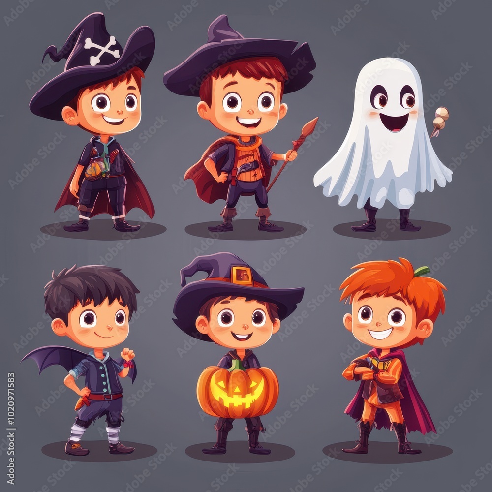 Six Children Dressed in Halloween Costumes Six Children Dressed in Halloween Costumes