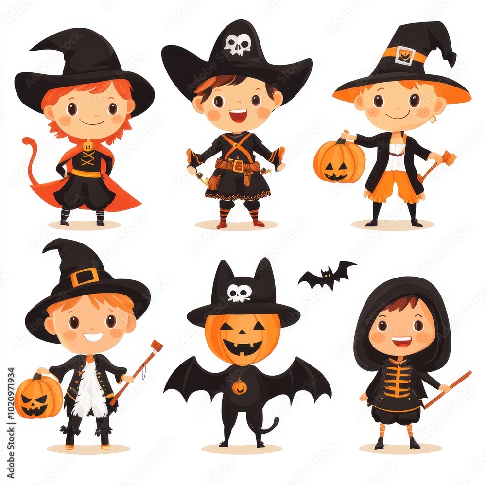 Six Children Dressed in Halloween Costumes Six Children Dressed in Halloween Costumes