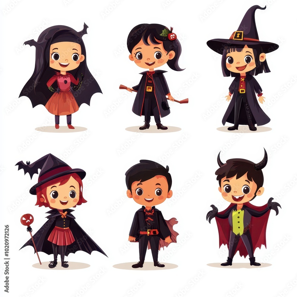 Six Children Dressed Up for Halloween in Various Costumes Six Children Dressed Up for Halloween in Various Costumes