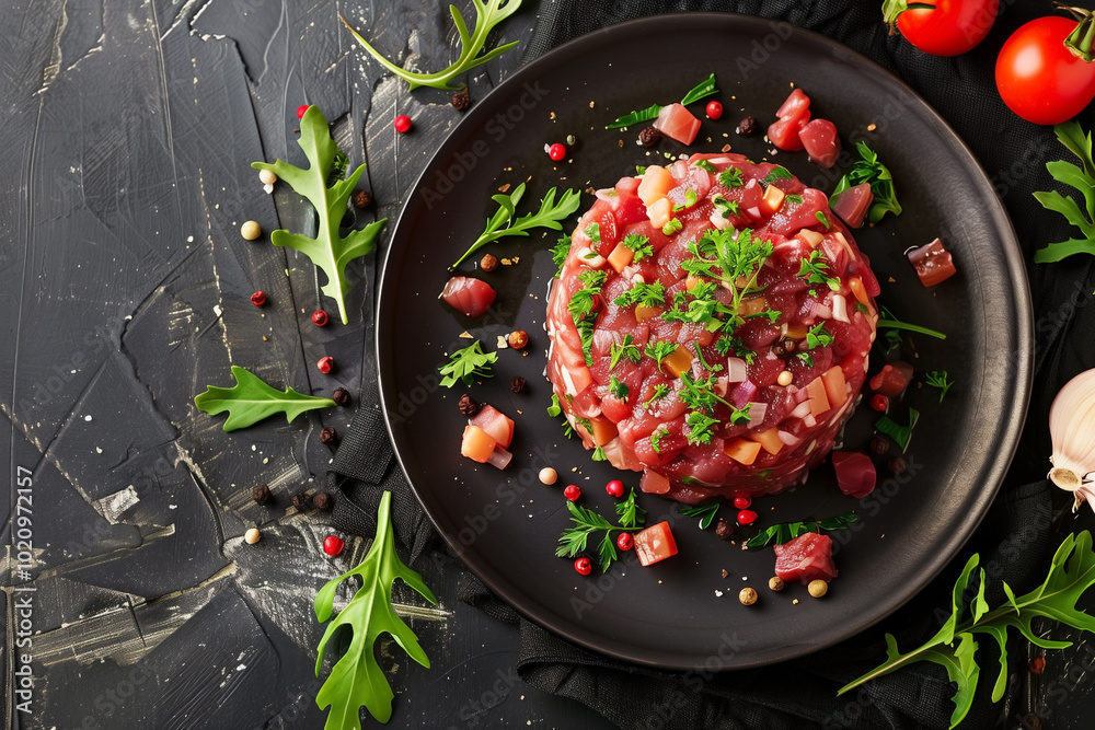 tartar dish of raw beef meat, top view tartar dish of raw beef meat, top view