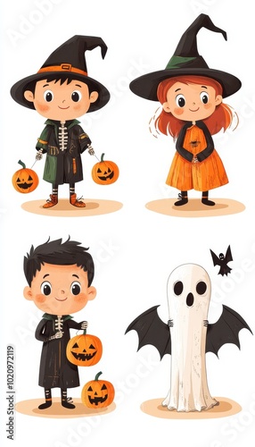 Four Children Dressed in Halloween Costumes with Pumpkins