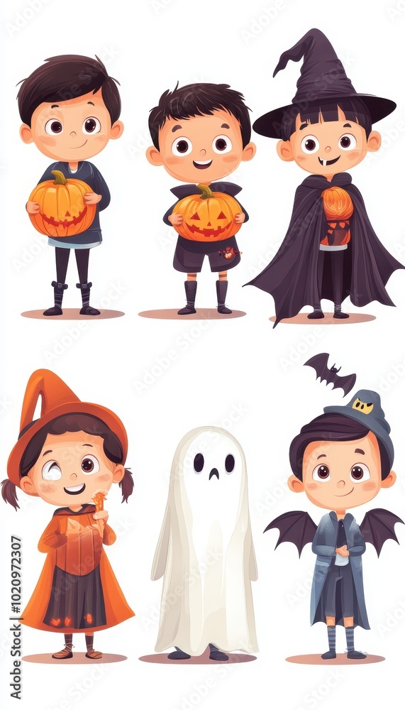 Six Children Dressed in Halloween Costumes Six Children Dressed in Halloween Costumes