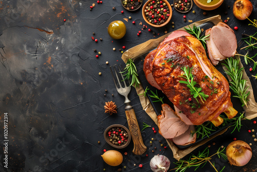schweinshaxe baked ham on table, top view photo