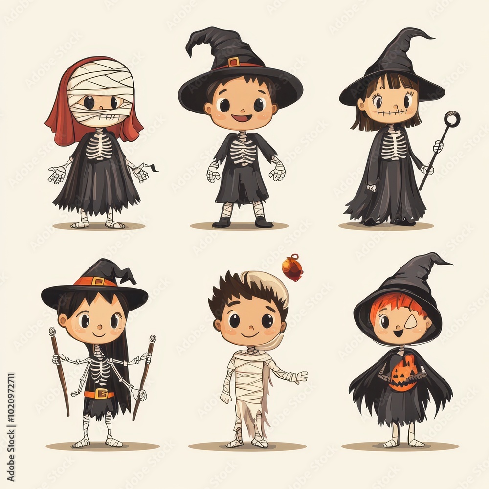 Six Children Dressed in Halloween Costumes Six Children Dressed in Halloween Costumes