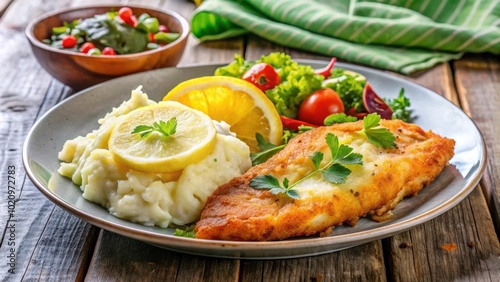 A crispy pan-fried fish fillet served with fluffy mashed potatoes, a fresh salad with tomatoes, and a lemon wedge on a rustic wooden table.