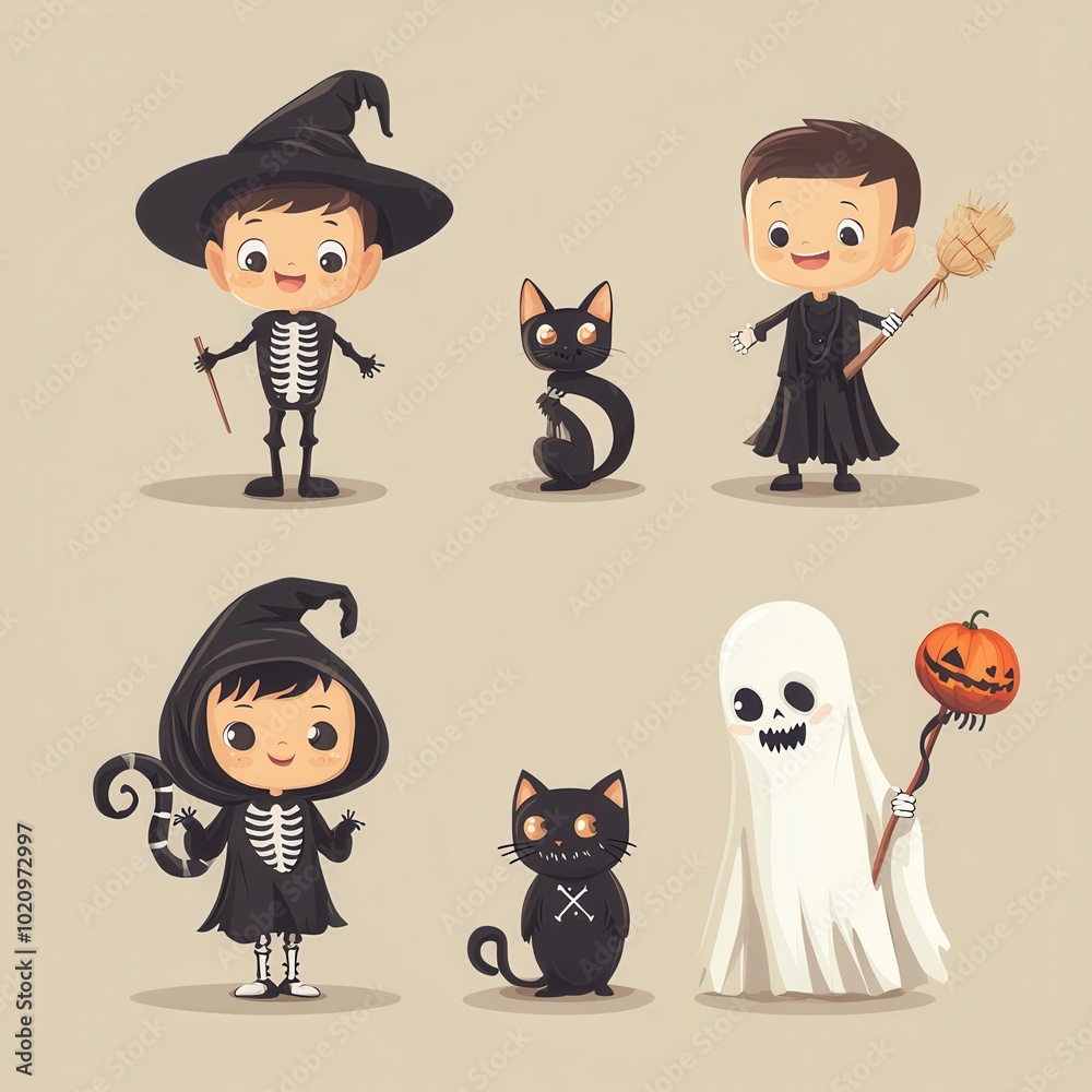 Cartoon Children Dressed in Halloween Costumes Cartoon Children Dressed in Halloween Costumes