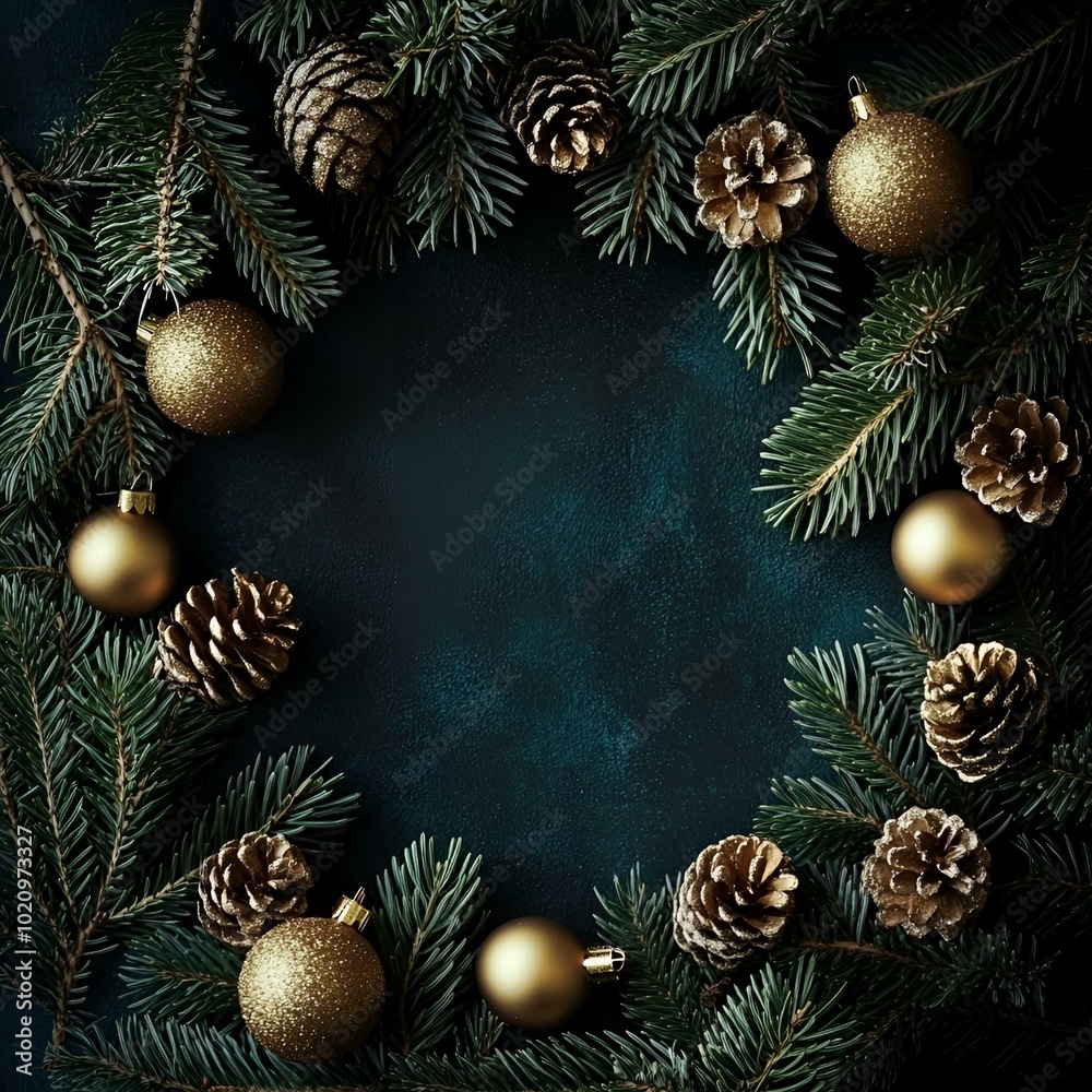 Rustic Christmas frame with pine branches and gold ornaments. Rustic Christmas frame with pine branches and gold ornaments.