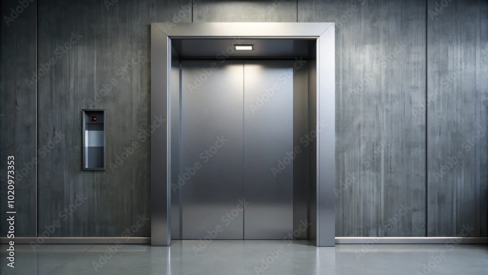 Modern minimalist elevator entrance with stainless steel doors and a concrete wall Modern minimalist elevator entrance with stainless steel doors and a concrete wall