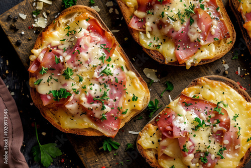 Open ham and cheese tapas-style sandwiches, top view