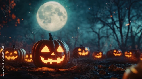 Experience a spooky Halloween scene featuring glowing pumpkins under a bright moon. The dim light creates an atmospheric and eerie ambiance perfect for this festive season.